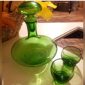 Vintage Green Hand-blown Glass Decanter & Cordials